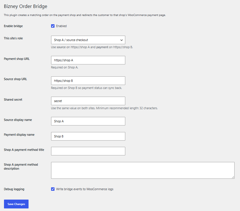 Bizney Order Bridge settings screen showing source and payment shop URLs