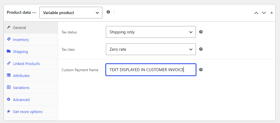 WooCommerce product settings showing custom payment name field